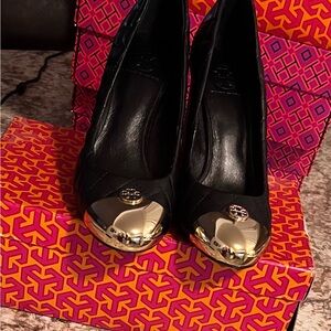 Tory Burch Black Heels with Gold Toe Cap